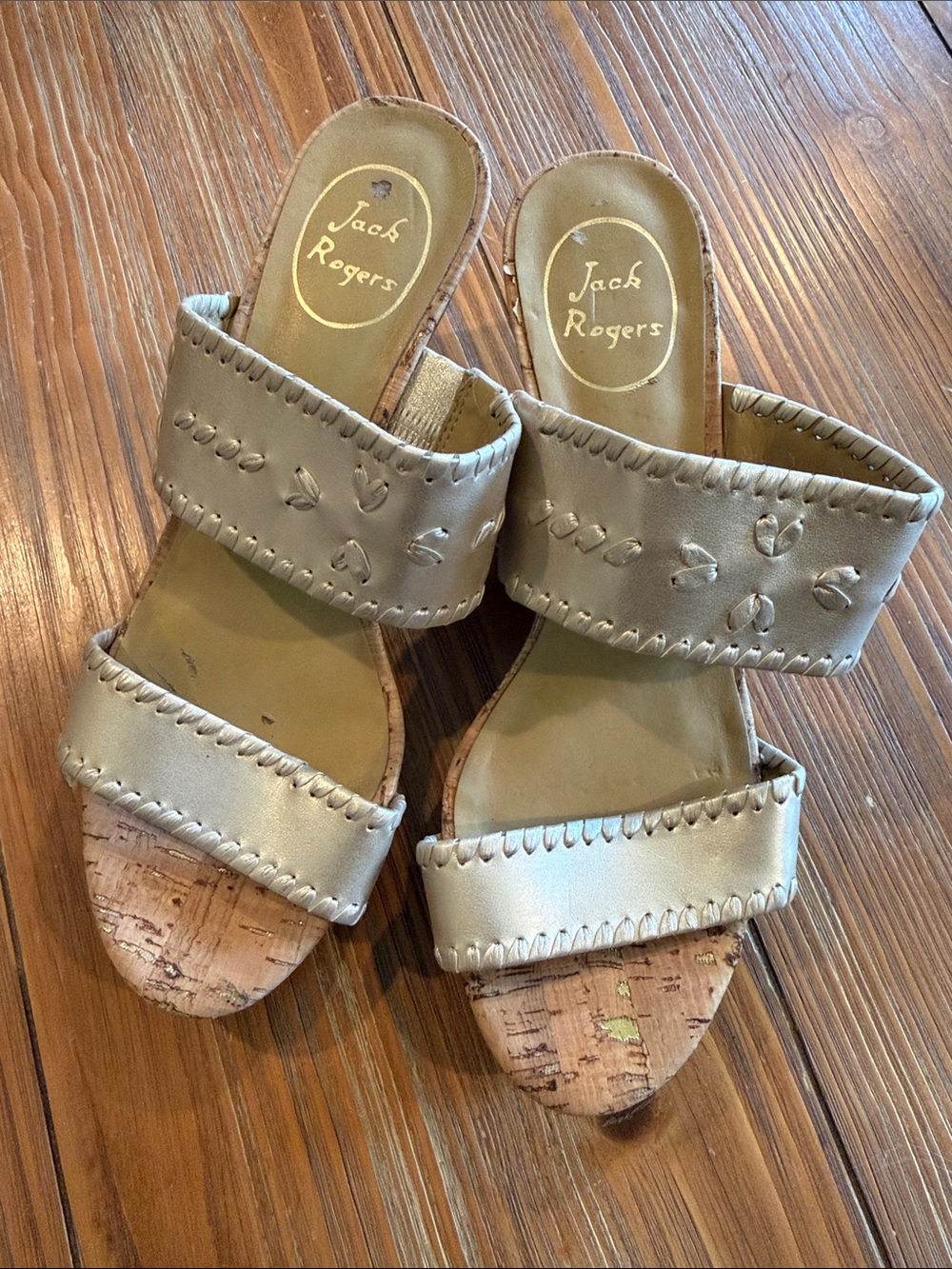Jack Rogers Ella Cork Wedge Heel Sandals, Platinum Leather Accents (Size 8)